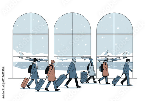 Line of illustrated travelers in winter coats and hats walking with rolling luggage and backpacks.