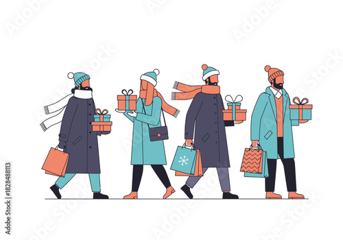 Group of People Walking with Gifts and Shopping Bags in Winter.