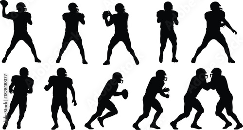 Quarterback Throwing, Running Back, and Defensive Line Action Poses Vector