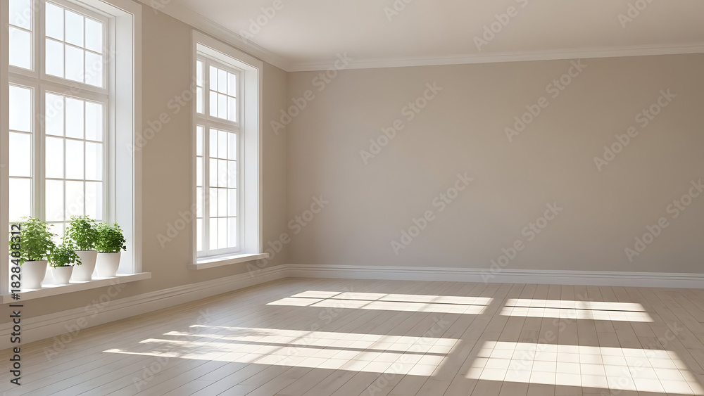 Fototapeta premium Bright, empty room with large windows showcasing natural daylight and elegant shadows on a light wooden floor, featuring fresh green potted plants on the sills, an ideal minimalist background for inte