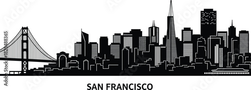 San Francisco Cityscape Skyline Silhouette Vector Illustration Featuring the Iconic Golden Gate Bridge and Downtown Skyscraper Towers