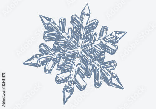 Detailed bluegrey snowflake illustration intricate crystalline facets symmetrical dendritic arms frosty winter design.