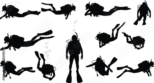 Scuba diver silhouettes vector set, showing various underwater swimming and exploration poses, deep sea sport illustration.
