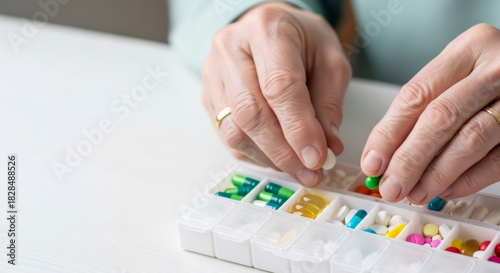 Close up of an elderly woman organizing daily medication in a pill box. Health management for senior citizens with chronic illness for medical and pharmaceutical concept.