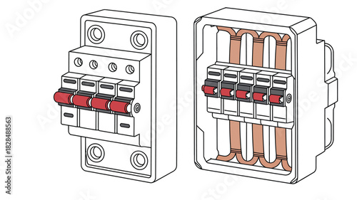 illustration of two electrical fuse boxes with visible fuses and wiring connections, showing detailed components, circuit protection, and electrical distribution for technical, engineering, and safety