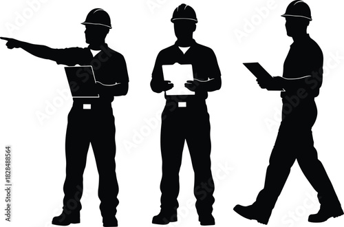 Set of construction worker and safety engineer silhouettes wearing hard hats, holding clipboards, pointing, and walking on a job site vector.
