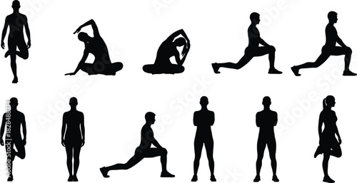 WebSet of Eleven People Silhouettes Stretching and Warming Up in Various Exercise Poses, Including Lunges and Quadriceps Stretches, for Fitness and Wellness Vector Illustration.