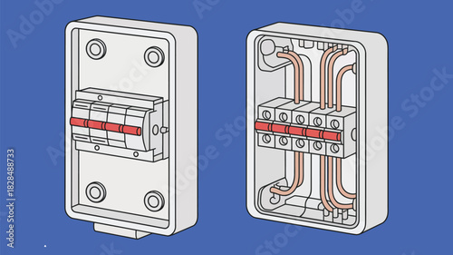 illustration of two electrical fuse boxes, detailed vector view of fuses, wiring, and connections, ideal for electrical engineering diagrams, technical manuals, construction guides, and industrial.