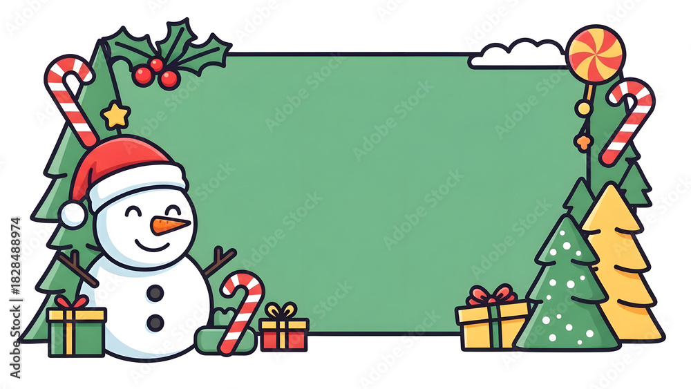 Fototapeta premium Festive Christmas Scene with Snowman, Gifts, Candy Canes, and Pine Trees on a Green Background