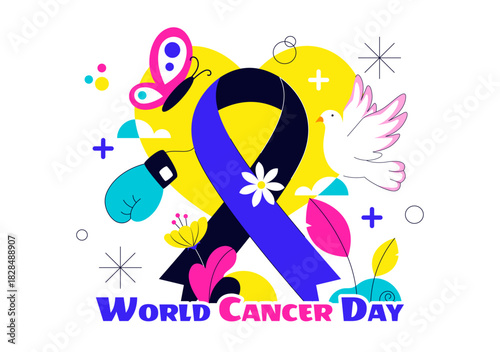 World Cancer Day Vector Illustration on February 4 Featuring a Ribbon to Raise Cancer Awareness and Support Women's Healthcare in a Flat Background