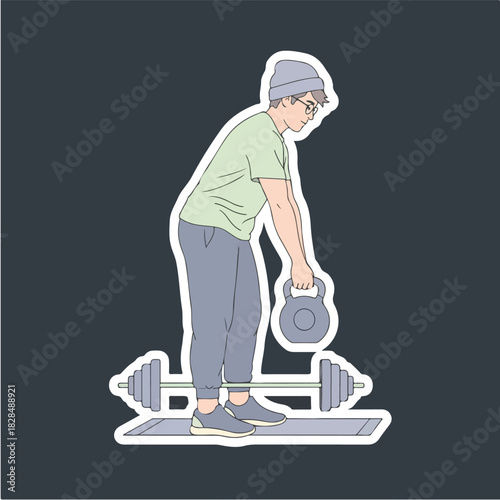 A person in athletic attire performs a deadlift exercise with a kettlebell and barbell on a mat, depicted in a flat sticker illustration style for fitness and workout content