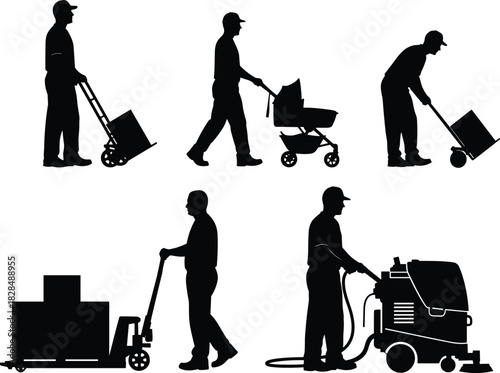 Set of workers and service professionals silhouettes pushing trolleys, operating pallet jack, using floor cleaner, and transporting goods or items vector.