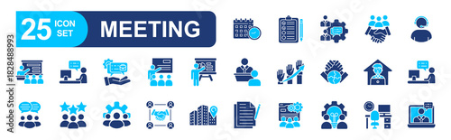 Meeting set of web icons in line style. vector illustration concept relate to conference, set, people, seminar, person, training, work, team, presentation