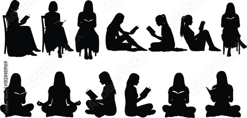 Sitting, Studying, Literature, Education, Relaxing, Reading Aloud, Female Student, Leisure Time Graphic.
