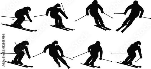 Skiing action silhouette set vector illustration, featuring multiple downhill skiers in diverse poses and competitive athletic motion for winter sports graphics.
