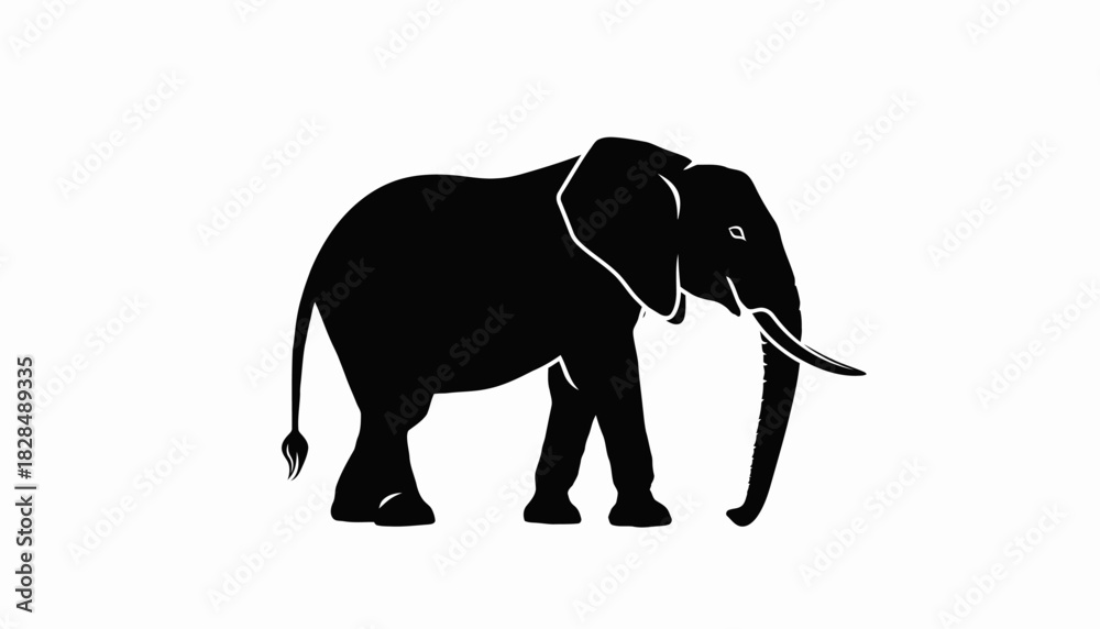 Fototapeta premium A striking black silhouette of an African elephant with its trunk curled downwards, set against a stark white background.