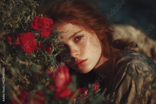 Young woman with red hair and freckles, longing gaze surrounded by red flowers