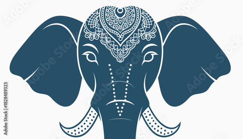 A stylized, dark blue illustration of an elephant's head adorned with intricate white patterns on its forehead.