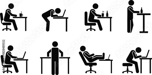 WebStick Figure Office Work Posture Vector Silhouette Set Showing Good and Bad Ergonomics, Breaks, and Sitting at a Computer Desk.