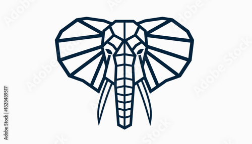 Geometric stylized illustration of an elephant's head with large ears and tusks, rendered in dark blue lines on a white background.