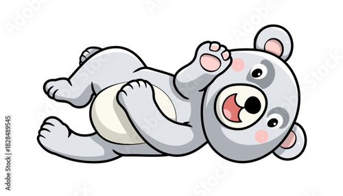 Cartoon illustration of a cute gray bear lying on its back with a happy expression.