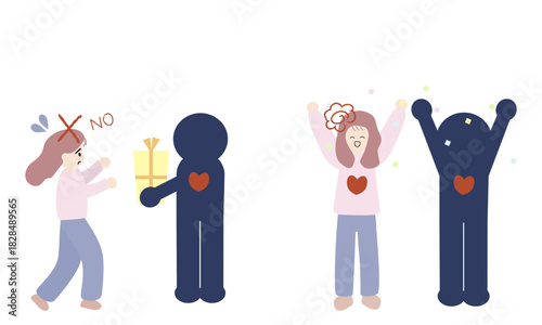 自己評価が低くて他者の愛を受け取れない女性と自然体で愛される女性の対比イラスト