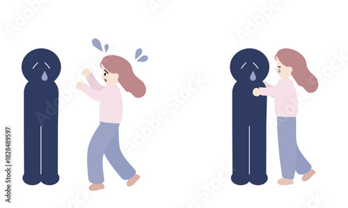 悲しむ人が心配で焦る女性と気持ちにそっと寄り添う女性の対比イラスト