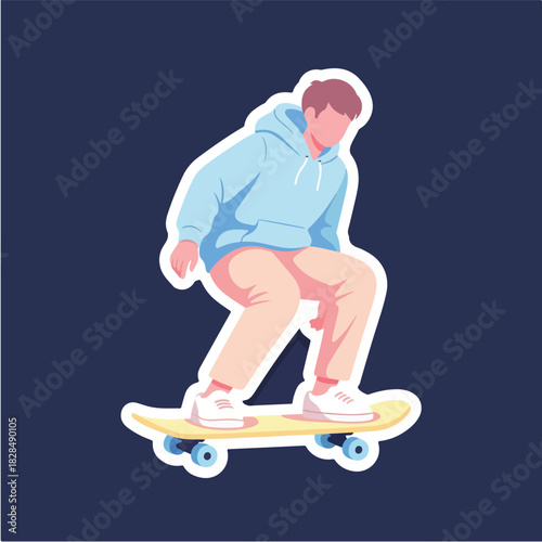 Young individual in blue hoodie skateboarding on yellow skateboard, stylized flat illustration, conveying dynamic motion and youthful energy, perfect for sports and lifestyle graphics