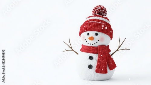 A charming snowman wearing a red hat and scarf, with twig arms, against white.