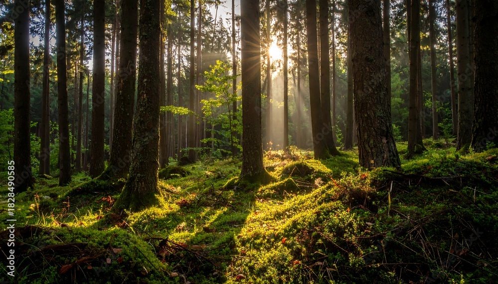 Fototapeta premium Sun rays stream through trees in a lush, green forest (9)