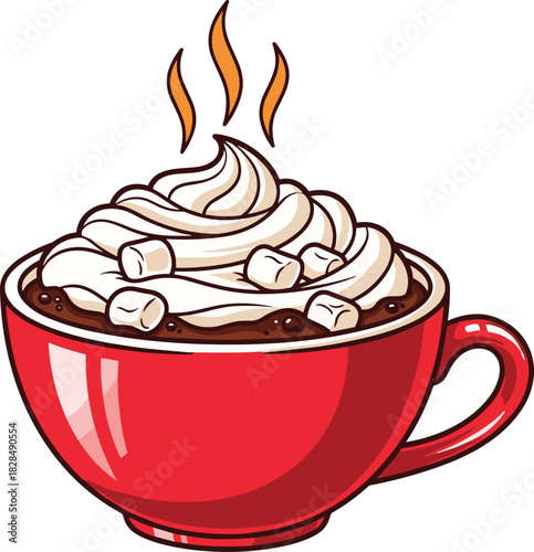 Cozy Hot Chocolate Mug with Creamy Whipped Topping and Marshmallows, Steaming Winter Comfort Drink Perfect for Christmas Holiday Season and Cold Weather Warmth