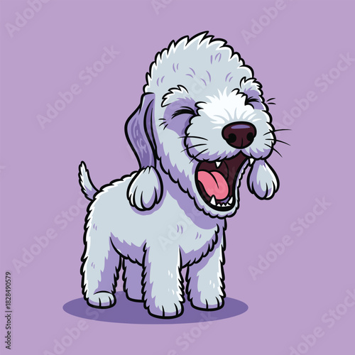 Cartoon dog yawning with mouth open on purple background.