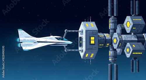 Fototapeta Naklejka Na Ścianę i Meble -  Futuristic spacecraft docking with a space station in orbit.