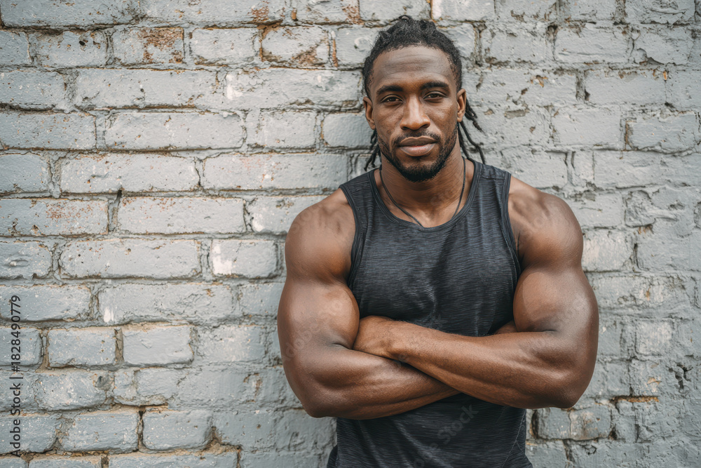 Obraz premium Confident man with muscular arms posing outdoors near brick wall
