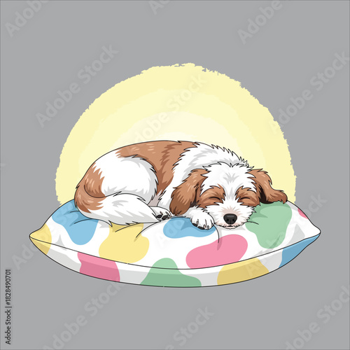 A cute, sleeping dog rests peacefully on a colorful, patterned pillow with a soft, yellow glow.