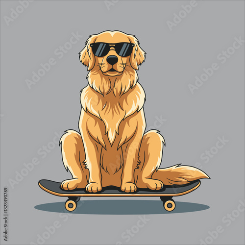 An illustrated golden retriever dog wearing cool black sunglasses sits calmly on a skateboard against a gray background.
