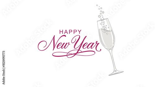 Elegant Happy New Year greeting card banner design, hand-drawn vector illustration featuring champagne flute glass with celebratory fizz bubbles, perfect for holiday invitations