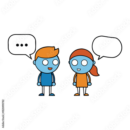 Two characters exchange quick messages through floating speech bubbles, creating a lively chat scene that captures friendly conversation and digital communication.”