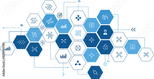 Abstract digital network of interconnected hexagonal nodes with various technology and business icons representing innovation and global connectivity