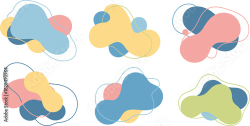 Six abstract organic shapes with soft pastel colors and delicate sketchy outlines creating a playful and modern artistic composition