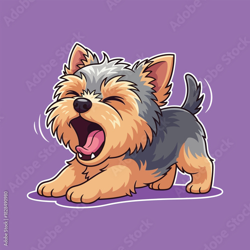 A cute cartoon Yorkshire Terrier dog is yawning widely with its mouth open and tongue visible, stretching its front legs out.