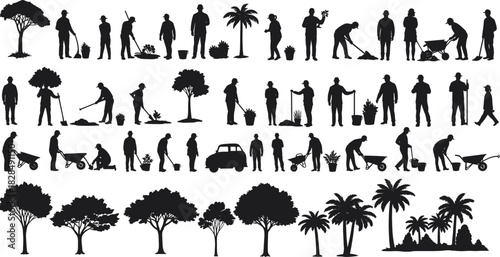 Gardening and Landscaping Silhouettes: Diverse Workers Digging, Planting, Watering, and Pushing Wheelbarrows, Alongside Various Trees Including Palm and Oak, Representing Sustainable Park 