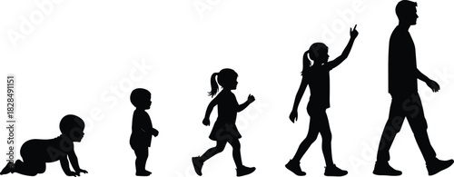 Human Growth and Development Stages from Baby to Adult Silhouette: Crawling Infant, Toddler, Young Child, School-Age Kid Pointing, and Full-Grown Man Walking, Representing Lifespan Evolution 