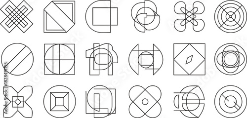 A grid of abstract geometric line art designs featuring intricate patterns and symmetrical shapes in a minimalist black and white aesthetic for creative projects