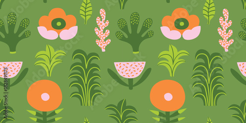 Seamless jungle tropical abstract pattern with palm tree, leaves, flowers. Summer texture. Vector illustration. Green background, pink and orange colors.