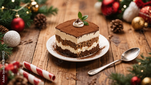 Chocolate tiramisu cake dessert with Christmas decoration on wooden table
