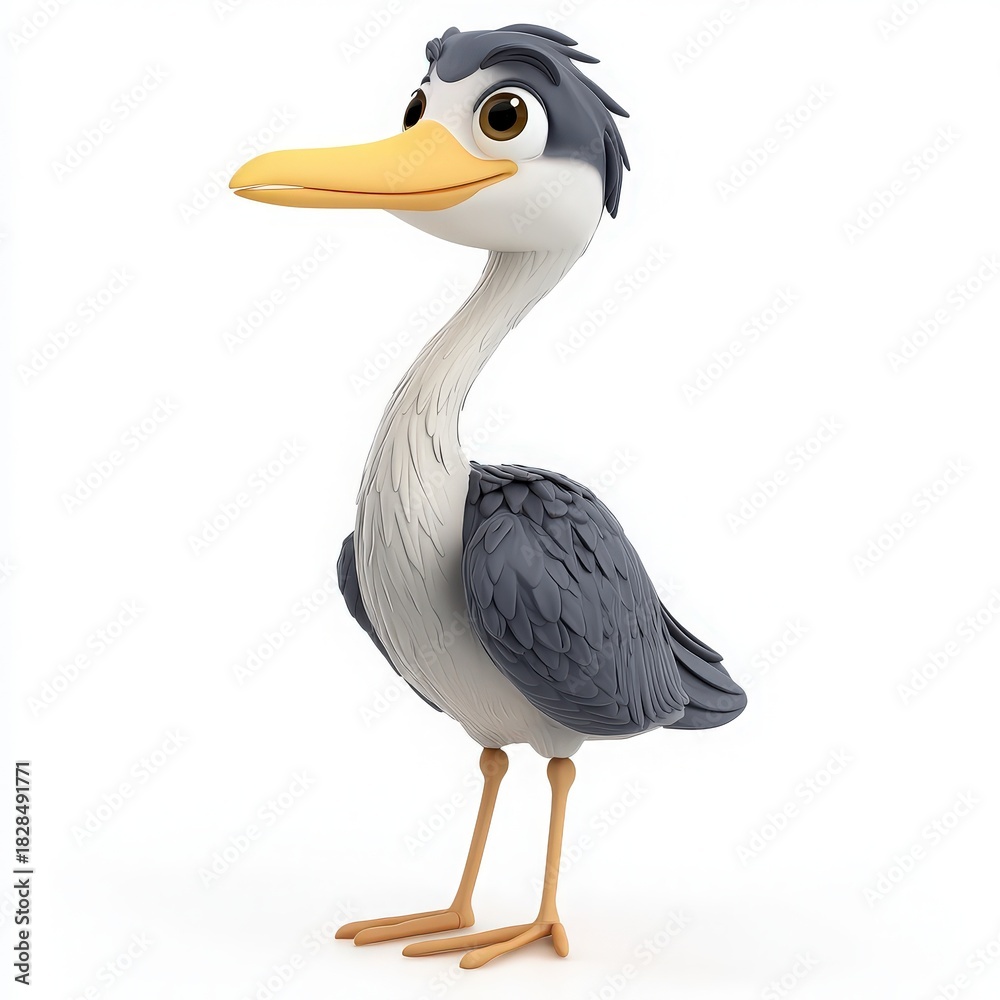 Obraz premium Cute cartoon heron standing tall, perfect for children's books, educational materials, and fun animal-themed projects with a touch of whimsy and charm