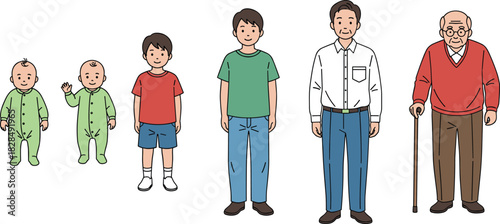 Title: A comprehensive illustration showing the male human life cycle stages from infant to baby, toddler, young adult, middle-aged man, and elderly grandfather with a cane,