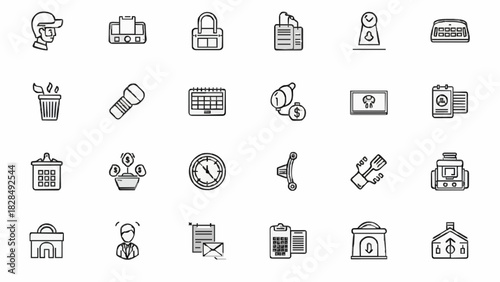 Set of outline icons representing various objects and activities simple vector glyphs for web and mobile design isolated on white background