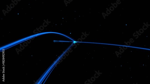 Blue glowing particles flip the light, high-tech data transmission, particle stripes flow. Glowing lines, background, streamlined rays